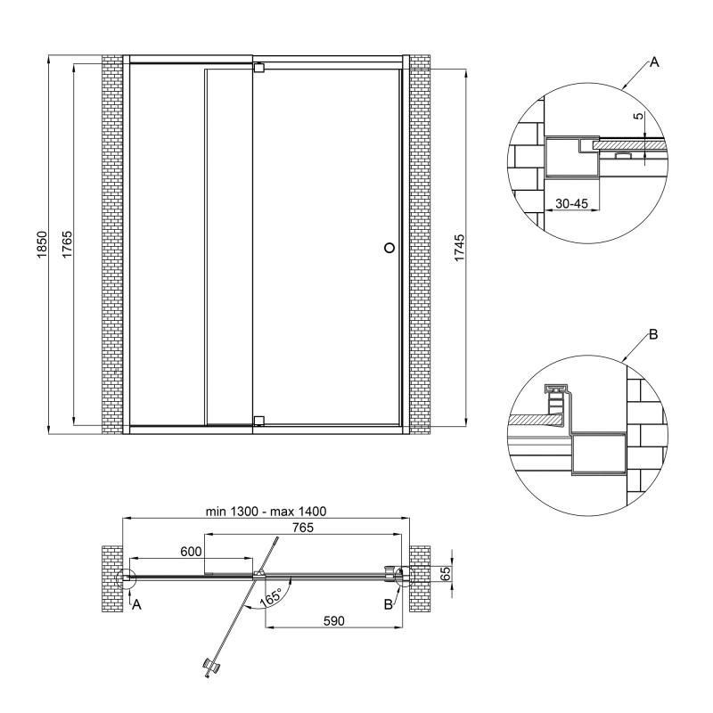 Дверь в нишу Pisces WHI2013-14.CP5 стекло 5 мм Pattern, регуль. профиль 130-140х185 см, распашные Qtap